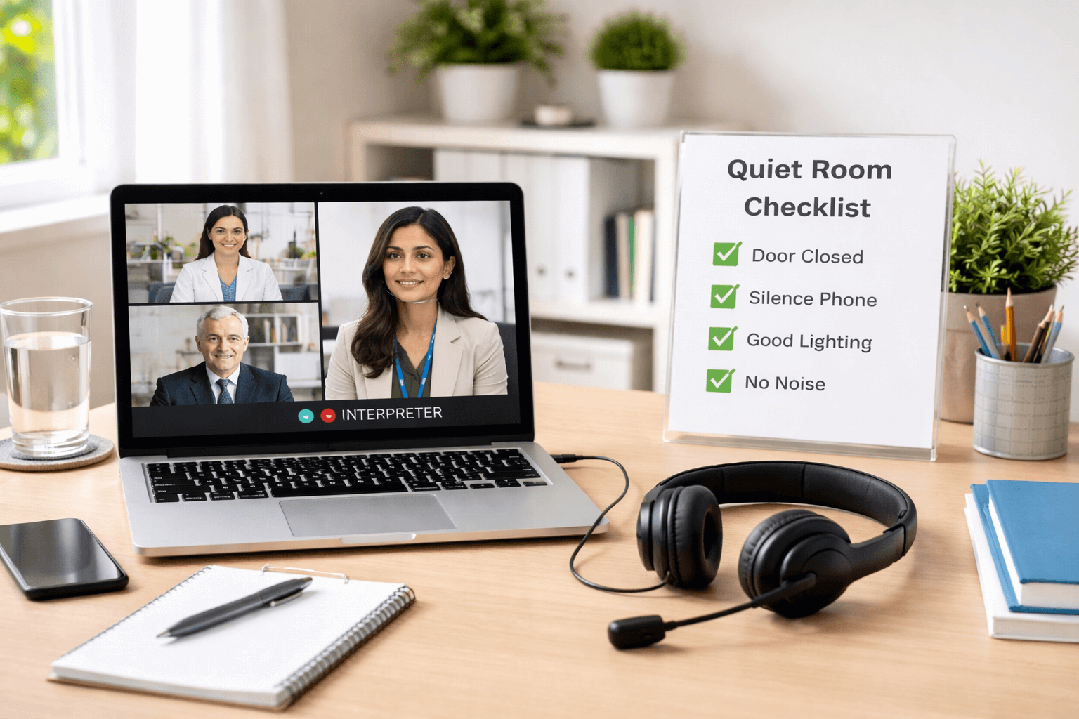 Video and telephone interpreting setup for remote multilingual communication